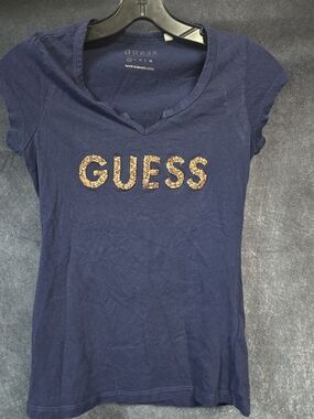 GUESS Navy Short-Sleeve Tee with Gold Sequin Logo
